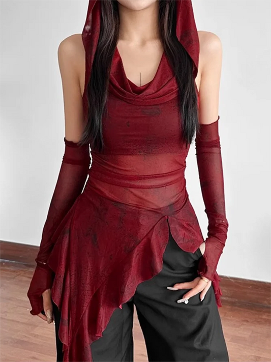 Red Mesh See Through Top Streetwear Hooded T-shirt Irregular Ruffle Oversleeve Tops for Women Sexy Y2k Clothing