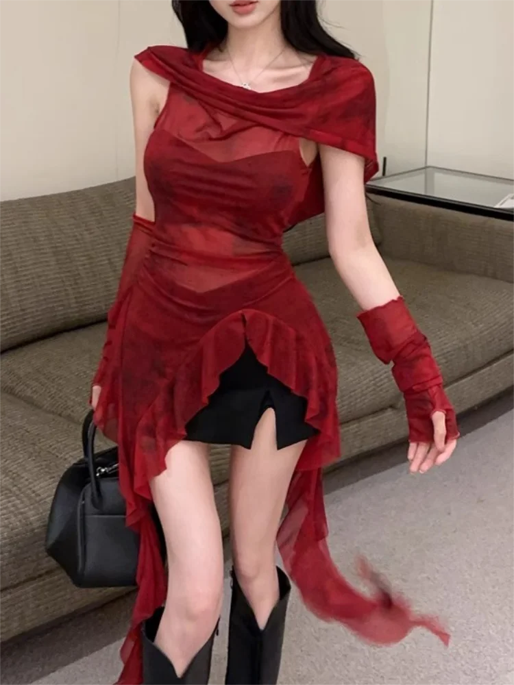 Red Mesh See Through Top Streetwear Hooded T-shirt Irregular Ruffle Oversleeve Tops for Women Sexy Y2k Clothing