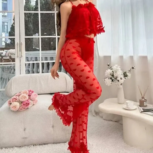 Sexy Pajamas Lace Perspective Loungewear Sling Vest Set Red Love Large Size Net Sexy Sleepwear Clothes for Women