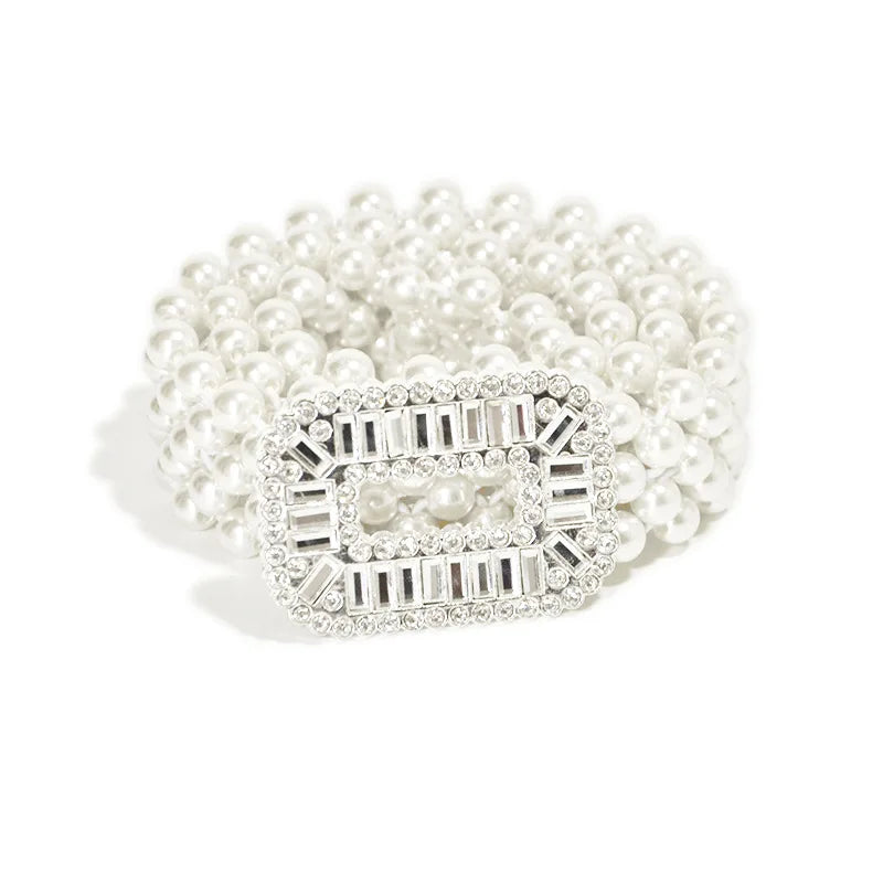 1 Piece With White Pearl Belt Elastic Oval Buckle Fashion Women's Waist Chain