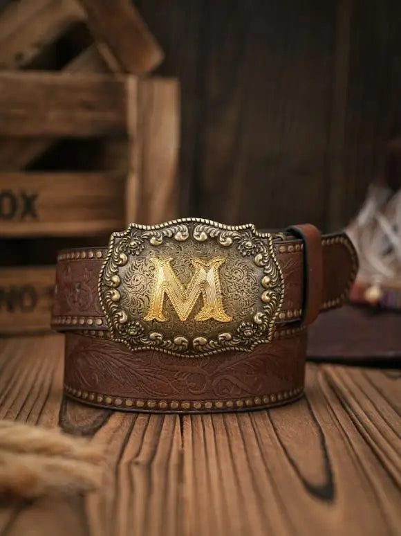 New Men's Belt Western Cowboy PU Leather Belt - Men Waist Strap Bull Decoration Floral Engraved for Jeans