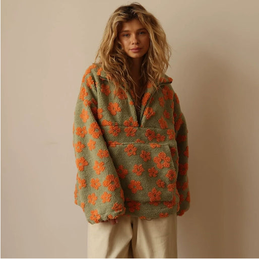 Lambskin Floral Zip-Up Sweatshirt