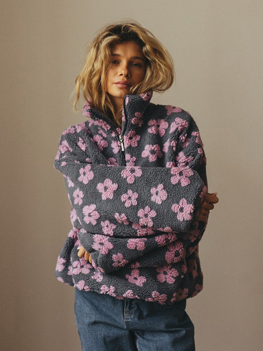 Lambskin Floral Zip-Up Sweatshirt