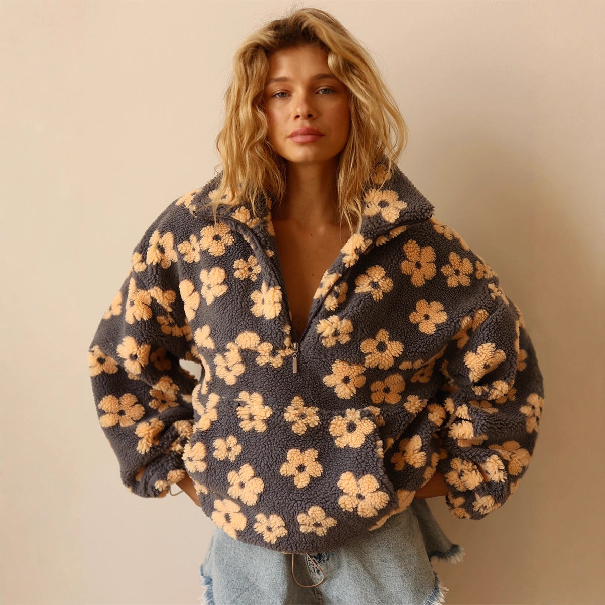 Lambskin Floral Zip-Up Sweatshirt