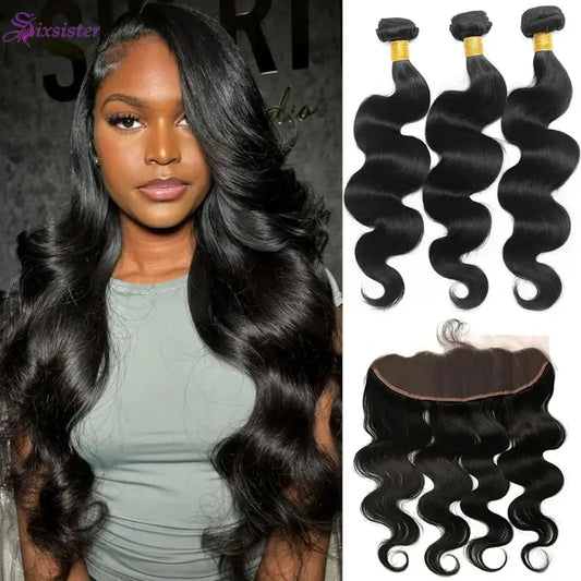 Body Wave 3 Bundles with Frontal Human Hair Bundles with 13x4 Lace Frontal Natural Black Body Wave Hair Virgin Hair 13x4 Frontal