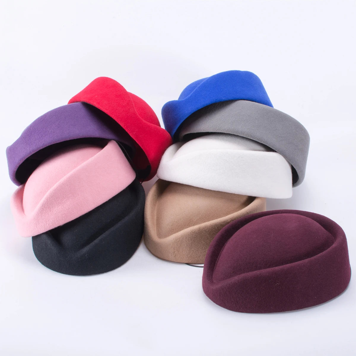 Women Wool Pillbox Fascinator Hat Feamale Stewardess Hats Etiquette Cap Plain Fedoras Cap Women Beret Hat Formal Lady Hat A040