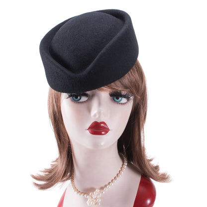 Women Wool Pillbox Fascinator Hat Feamale Stewardess Hats Etiquette Cap Plain Fedoras Cap Women Beret Hat Formal Lady Hat A040