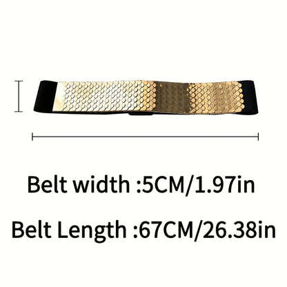 Fish Scales Shiny Metal Wide Belts Trendy Golden Silvery Elastic Waistband Classic Dress Coat Girdle For Women