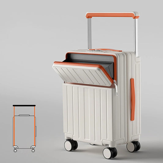 Travel Luggage Wide Tie Rod Suitcase Front Opening Laptop Boarding Case USB Charging 20"22"24"26 Inch Trolley Case with Wheels