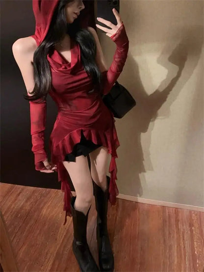 Red Mesh See Through Top Streetwear Hooded T-shirt Irregular Ruffle Oversleeve Tops for Women Sexy Y2k Clothing