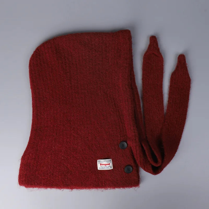 Korean Knitted Balaclava Hat Women's Winter Warm Scarf Integrated Hooded Scarf Knitted Wool Beanie Cap