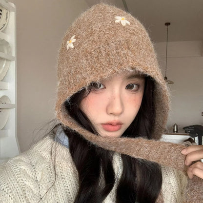 Winter Thicken Warm Knitted Balaclava Hat for Women Cute Flower Ear Protection Beanies Cap Outdoor Ski Snow Lace-up Hooded Caps