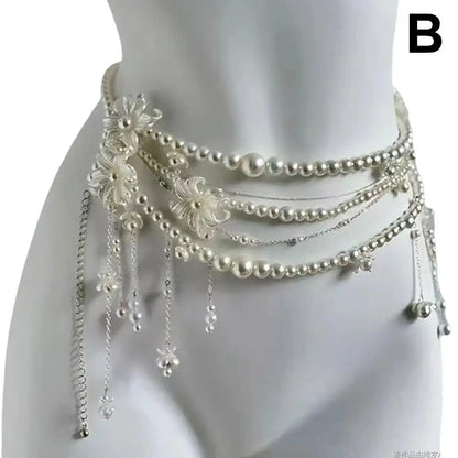 Y2K Designer belt Jewelry Multilayer Pearl waist chain for Women's Fashion Retro Character Playing Body Accessories Party Belts
