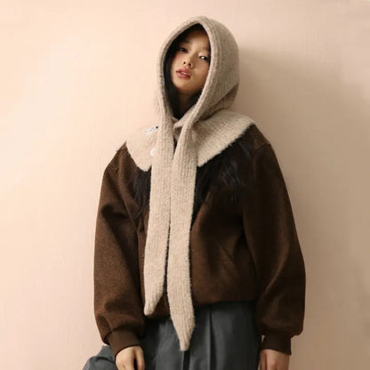 Korean Knitted Balaclava Hat Women's Winter Warm Scarf Integrated Hooded Scarf Knitted Wool Beanie Cap