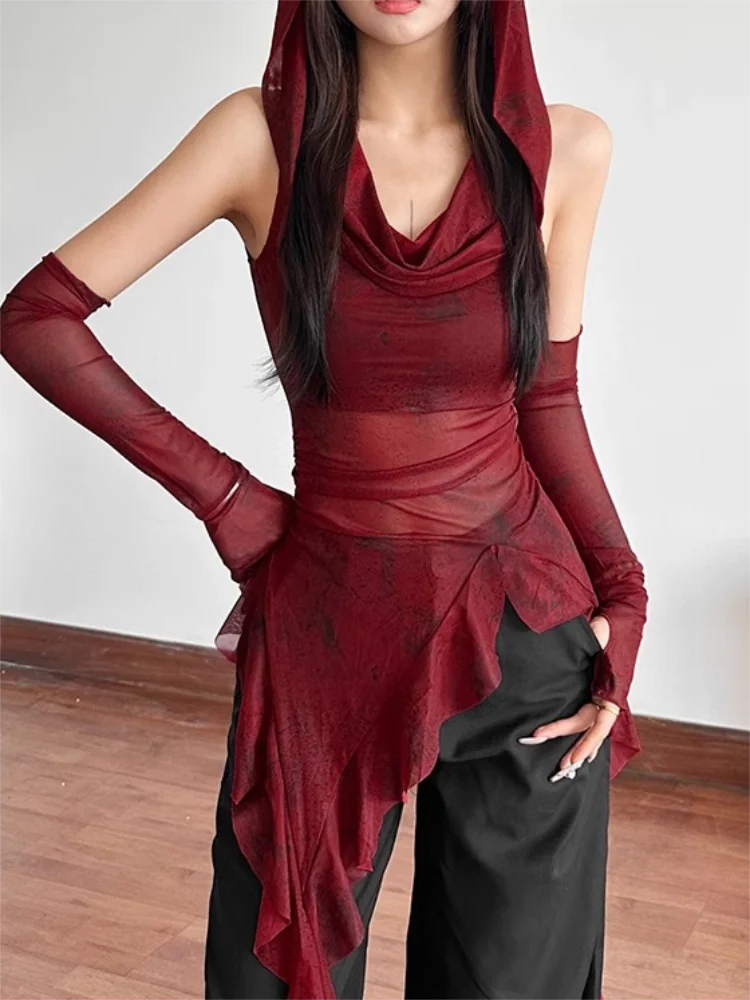 Red Mesh See Through Top Streetwear Hooded T-shirt Irregular Ruffle Oversleeve Tops for Women Sexy Y2k Clothing