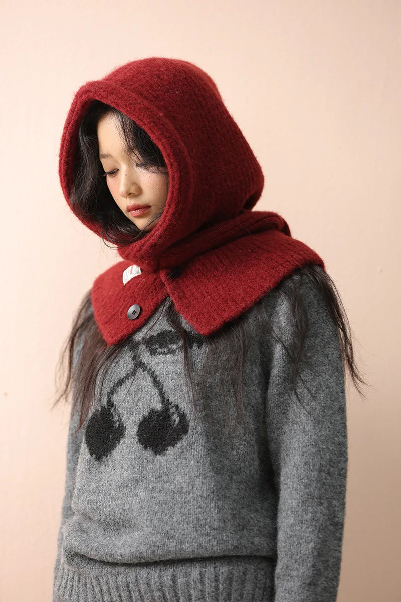 Korean Knitted Balaclava Hat Women's Winter Warm Scarf Integrated Hooded Scarf Knitted Wool Beanie Cap