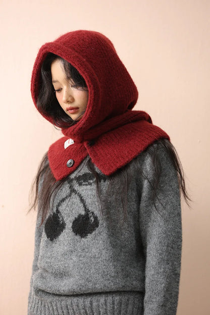Korean Knitted Balaclava Hat Women's Winter Warm Scarf Integrated Hooded Scarf Knitted Wool Beanie Cap
