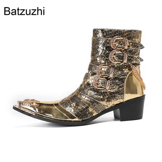 Batzuzhi Gold Fashion Men's Boots Shoes Pointed Iron Toe Genuine Leather Ankle Boots for Men 6.5cm Heels Buckles with Chians!