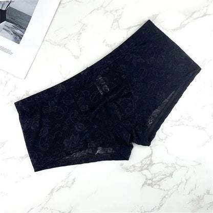 Sexy Transparent Jacquard Lace Boxer Shorts Low Waist Slim Fit Men's Underwear Male U-shaped Convex Comfortable Trunks