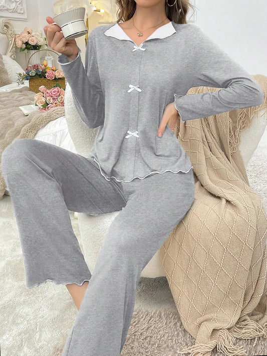 2-Piece Set of Women's Autumn and Winter Pajamas, Simple Solid Color, Comfortable Long-Sleeved, Can Be Worn Outside, Women's Loungewear Set