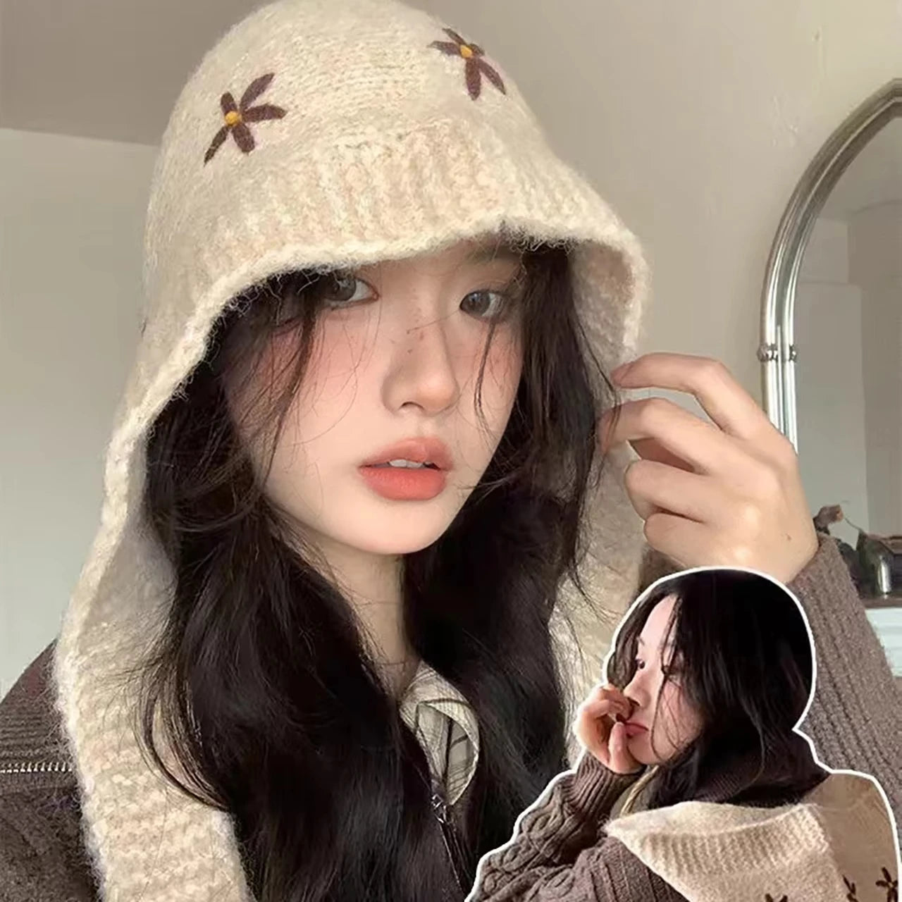 Winter Thicken Warm Knitted Balaclava Hat for Women Cute Flower Ear Protection Beanies Cap Outdoor Ski Snow Lace-up Hooded Caps