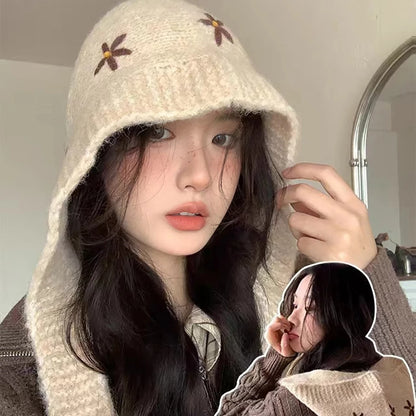 Winter Thicken Warm Knitted Balaclava Hat for Women Cute Flower Ear Protection Beanies Cap Outdoor Ski Snow Lace-up Hooded Caps