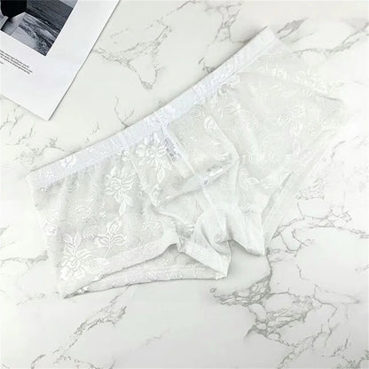 Sexy Transparent Jacquard Lace Boxer Shorts Low Waist Slim Fit Men's Underwear Male U-shaped Convex Comfortable Trunks