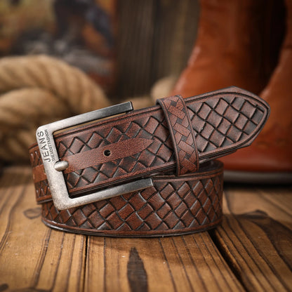 A classic retro PU material embossed belt metal plate buckle head men and women the same daily casual delivery punch nails