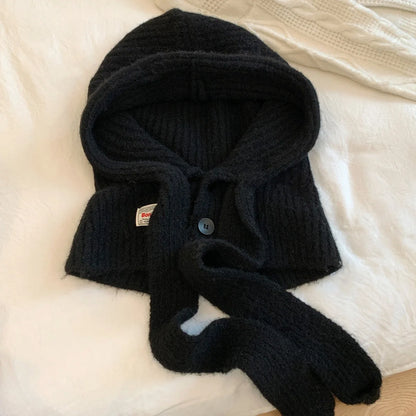 Korean Knitted Balaclava Hat Women's Winter Warm Scarf Integrated Hooded Scarf Knitted Wool Beanie Cap