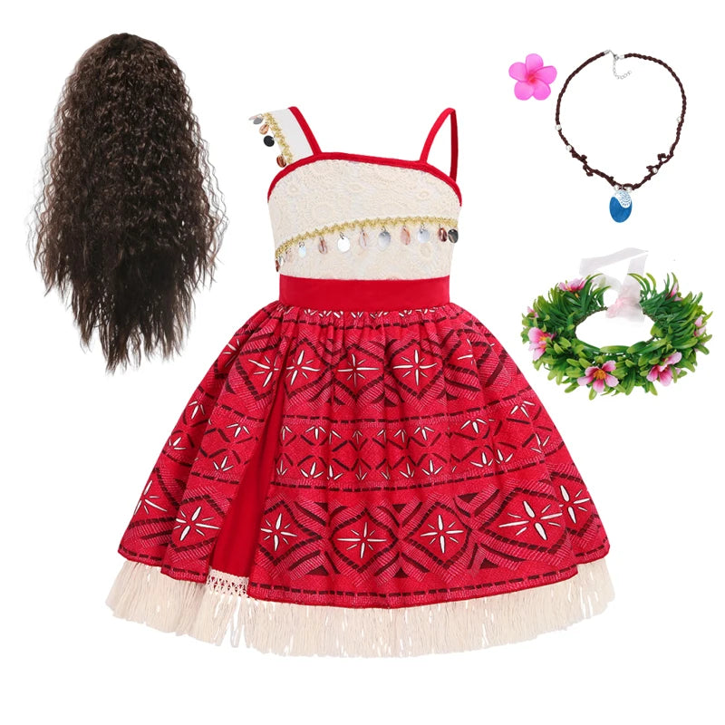 Girls Outfit Cosplay Children's Costume Party Princess Dress Summer Casual Beach Dress Necklace Wig Set Party Dresses For Girls