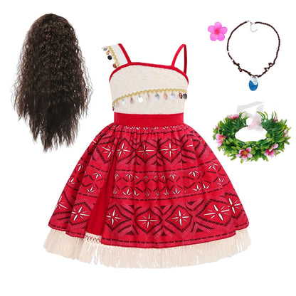 Girls Outfit Cosplay Children's Costume Party Princess Dress Summer Casual Beach Dress Necklace Wig Set Party Dresses For Girls