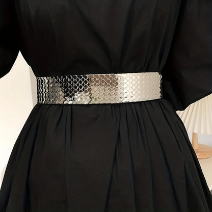 Fish Scales Shiny Metal Wide Belts Trendy Golden Silvery Elastic Waistband Classic Dress Coat Girdle For Women
