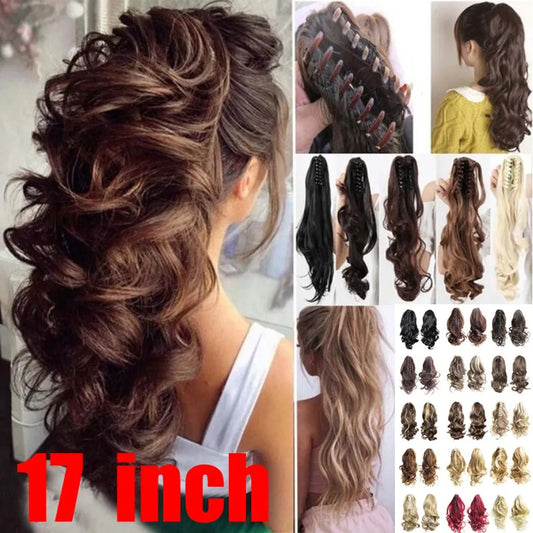 17inch Small Claw Clip Ponytail Wig Long Curly Fake Ponytail Hair Extension New Improved Synthetic Grab Clip Ponytail Hairp