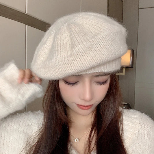Solid Color Women Beret Hat Vintage Woolen Knitted Warm Beret Girl Ladies Autumn Winter Artist Painter Cap