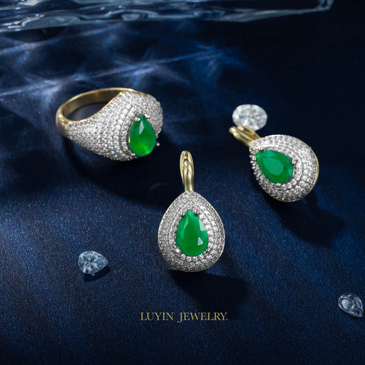 LUYIN 2025 Popular Style Green Stone Earrings Ring Fashion Jewelry Set For Women Copper Plated 14K Gold Party Elegant Gift