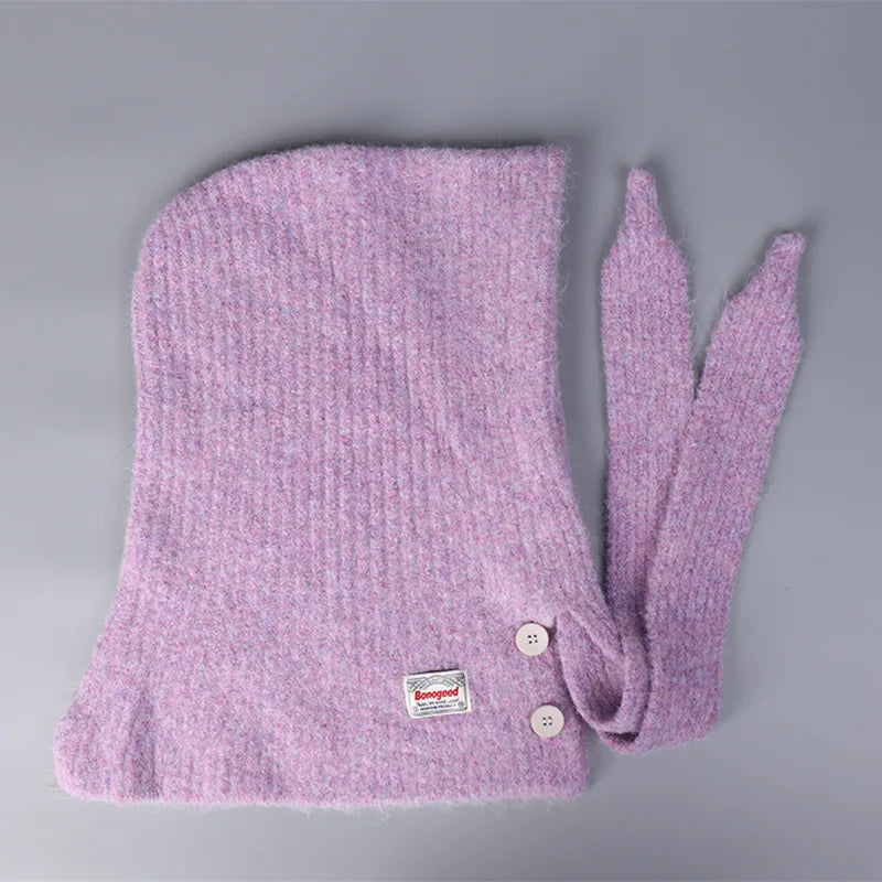Korean Knitted Balaclava Hat Women's Winter Warm Scarf Integrated Hooded Scarf Knitted Wool Beanie Cap