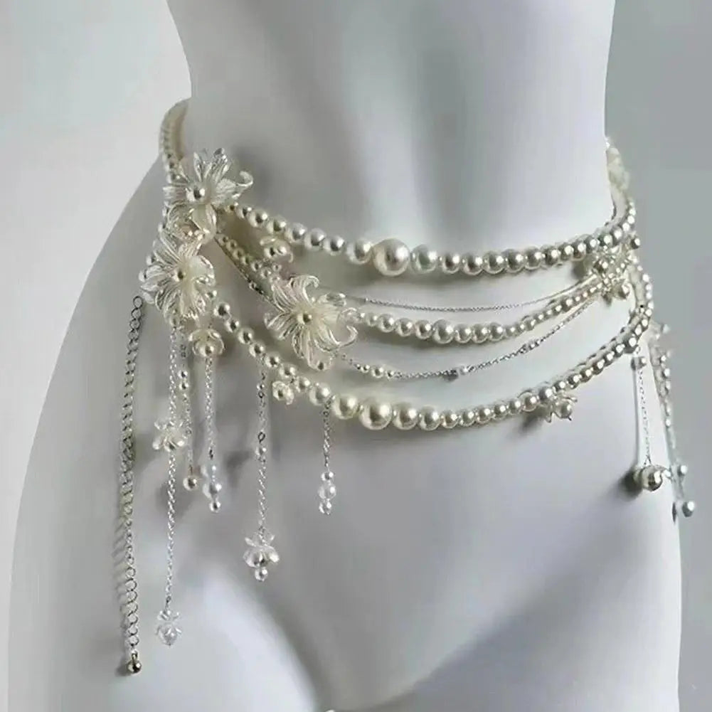 Y2K Designer belt Jewelry Multilayer Pearl waist chain for Women's Fashion Retro Character Playing Body Accessories Party Belts