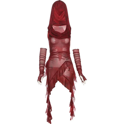 Red Mesh See Through Top Streetwear Hooded T-shirt Irregular Ruffle Oversleeve Tops for Women Sexy Y2k Clothing