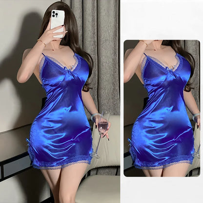 Women Sexy Lingerie Satin Suspender Nightdress Thong Pajama Thin Lace Slit Bow Singlets Dress Teddies Bodysuit Outfit Nightdress