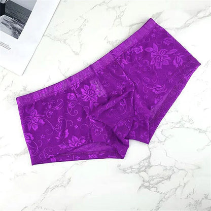 Sexy Transparent Jacquard Lace Boxer Shorts Low Waist Slim Fit Men's Underwear Male U-shaped Convex Comfortable Trunks