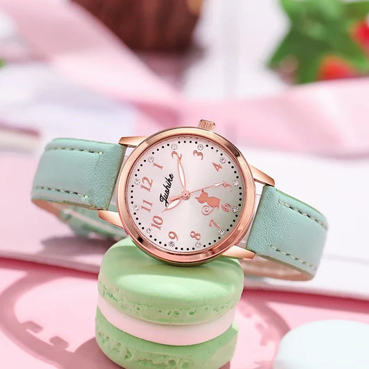 Cute Cat Pattern Casual Simple Rhinestone Quartz Wristwatch for Girls Student Leisure Style Watch Gradient Color Retro Watch