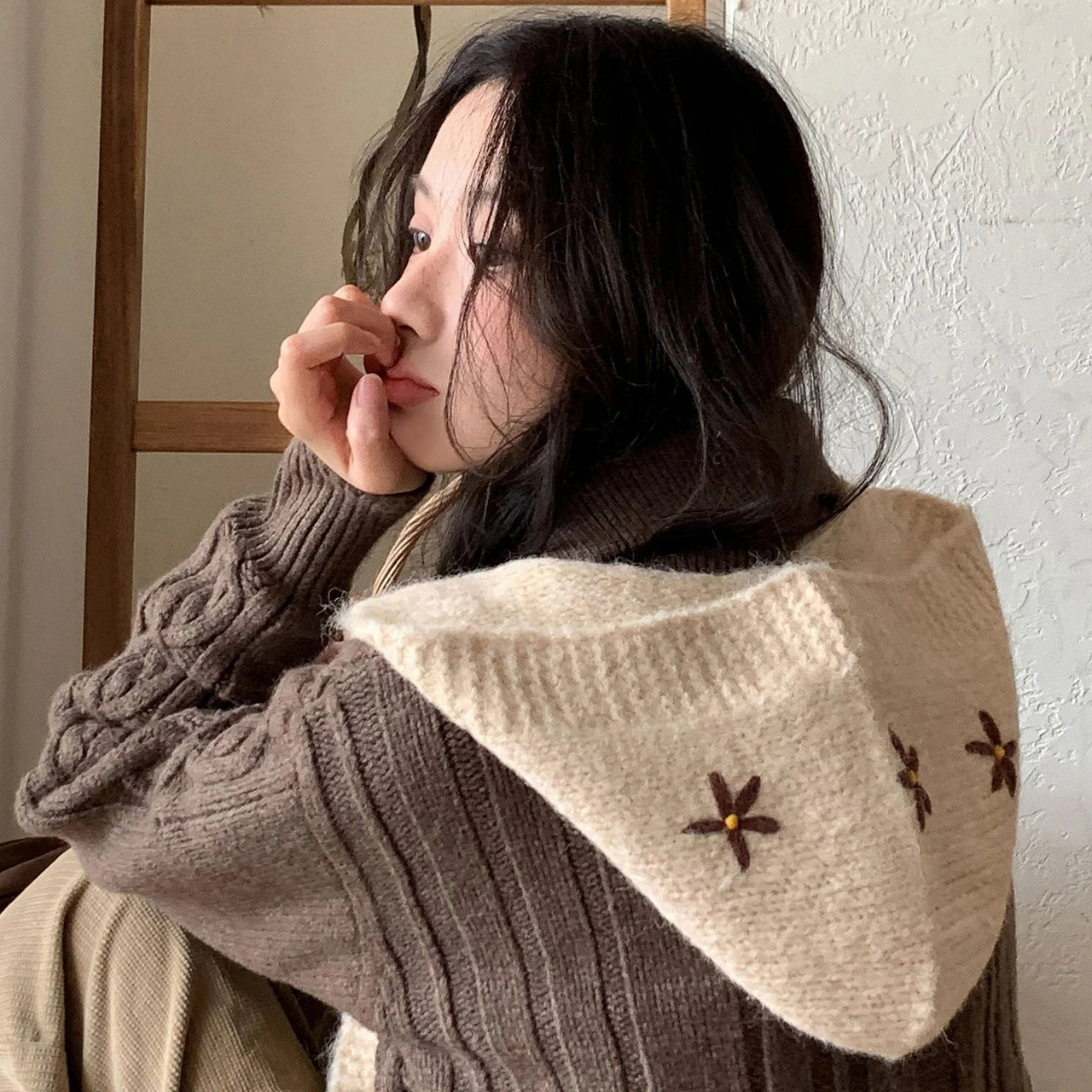 Winter Thicken Warm Knitted Balaclava Hat for Women Cute Flower Ear Protection Beanies Cap Outdoor Ski Snow Lace-up Hooded Caps