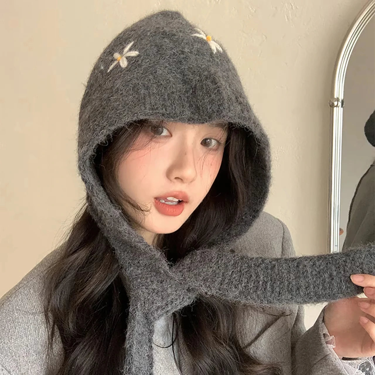 Winter Thicken Warm Knitted Balaclava Hat for Women Cute Flower Ear Protection Beanies Cap Outdoor Ski Snow Lace-up Hooded Caps