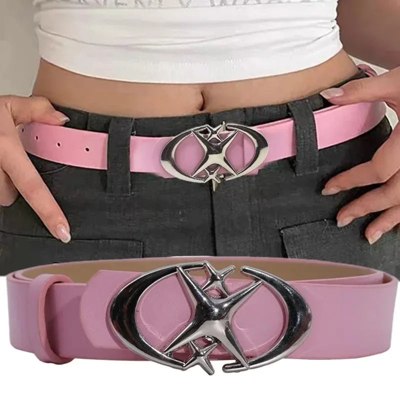 Fashion Pink Black White Moon Star Y2K Belts for Women Spice Girls PU Leather Retro Punk Metal Jeans Pants Decorative Belt Waist