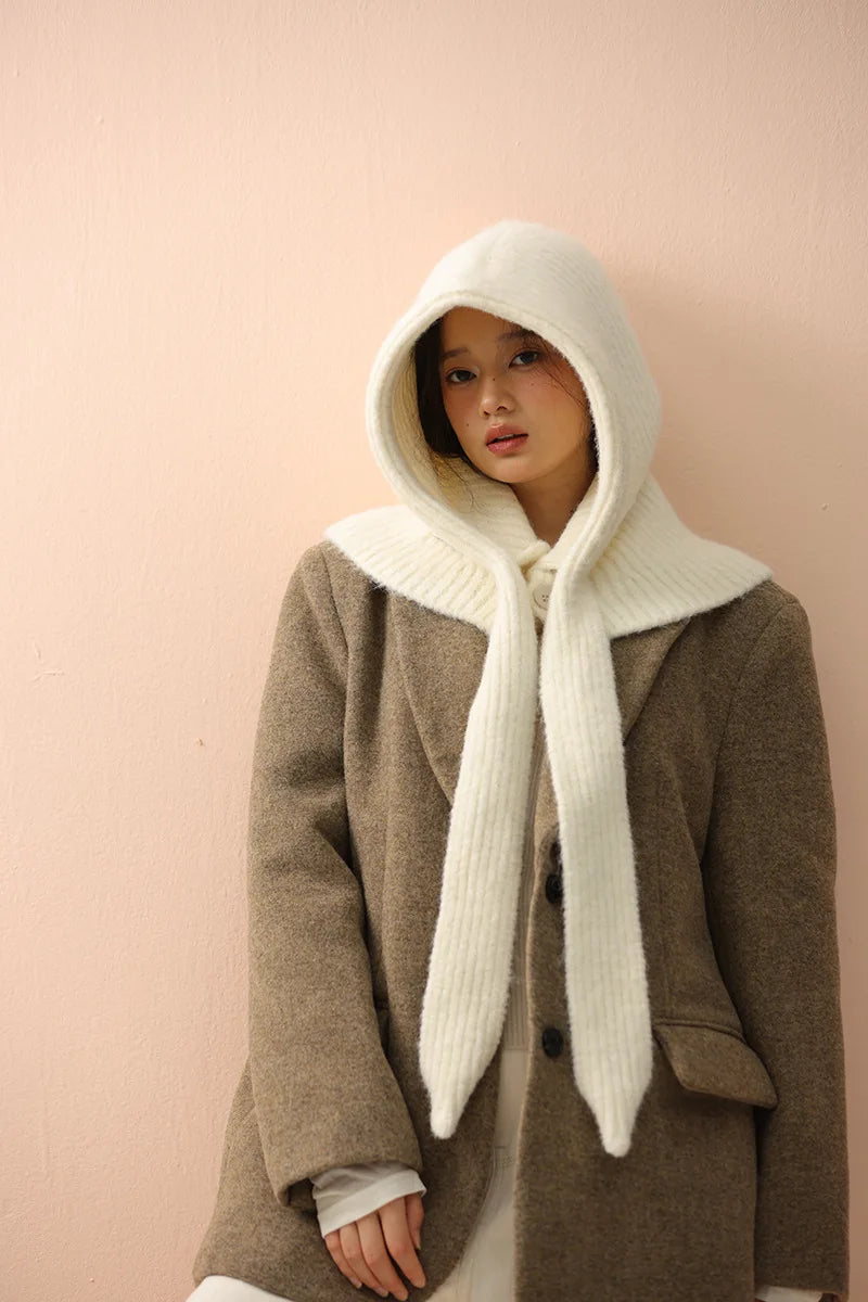 Korean Knitted Balaclava Hat Women's Winter Warm Scarf Integrated Hooded Scarf Knitted Wool Beanie Cap