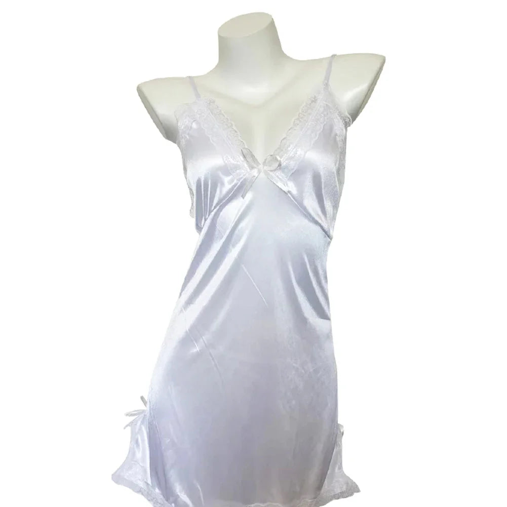 Women Sexy Lingerie Satin Suspender Nightdress Thong Pajama Thin Lace Slit Bow Singlets Dress Teddies Bodysuit Outfit Nightdress