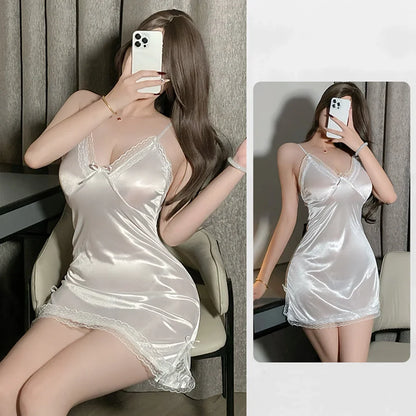 Women Sexy Lingerie Satin Suspender Nightdress Thong Pajama Thin Lace Slit Bow Singlets Dress Teddies Bodysuit Outfit Nightdress