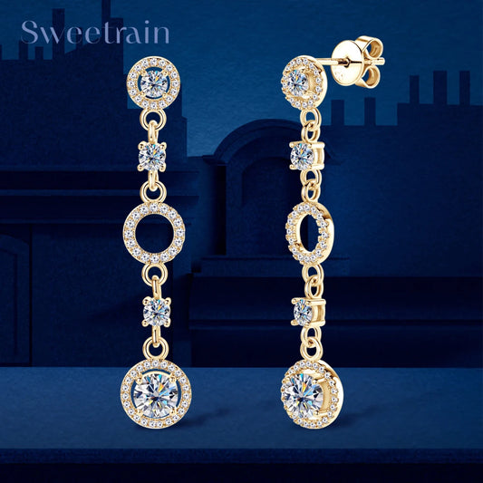 Full Moissanite Dangle Earrings Gold-Plated 925 Sterling Silver Long Tassel Design Drop Earrings for Women Wedding Party Jewelry