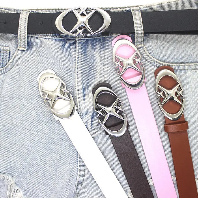 Fashion Pink Black White Moon Star Y2K Belts for Women Spice Girls PU Leather Retro Punk Metal Jeans Pants Decorative Belt Waist