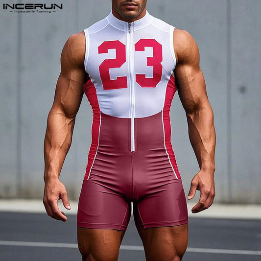 INCERUN Men Rompers Bodysuits Print Patchwork Zipper Sleeveless Male Overalls Skinny Workout 2025 Summer Color-block Playsuits